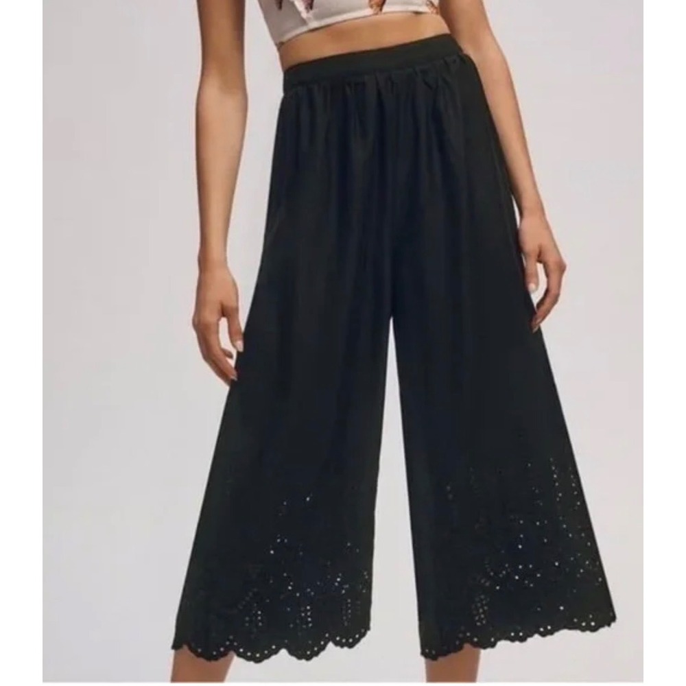 Anthropologie‎ Wide Leg Eyelet Culotte Cropped Pants Women' 0 Black Boho Beachy